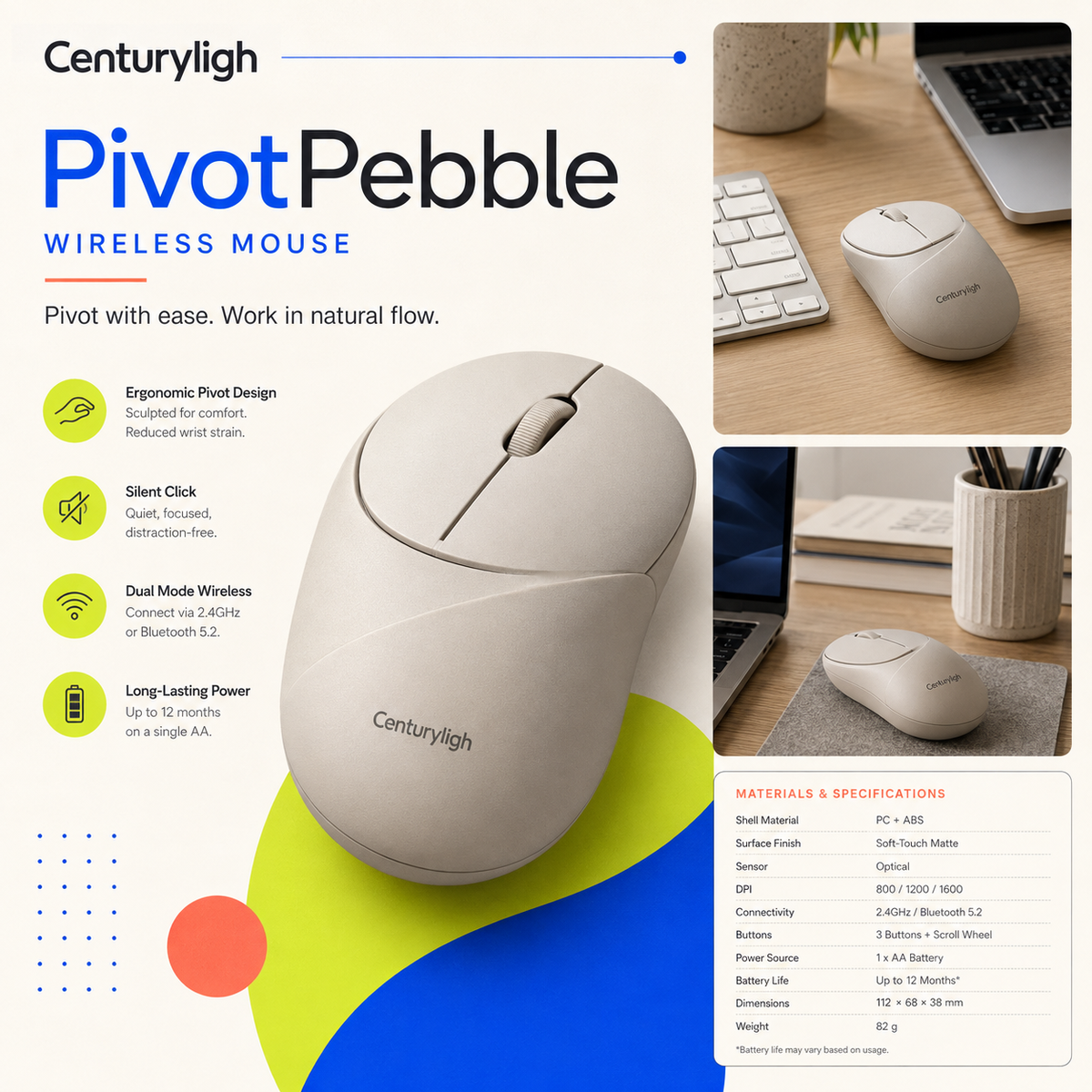 Centuryligh™ PivotPebble Ergonomic Mouse